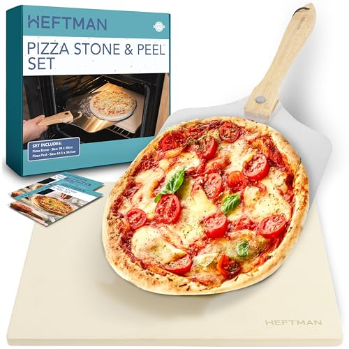 HEFTMAN Juego de Piedra para Pizza con Pala de Aluminio - para Horno, Parrilla y Barbacoa - Piedra de Cordierita para Hornear Pan y Pizza con Corteza Perfecta