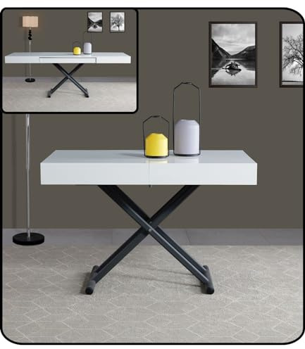 VOLERO' ; Table Transformable Gain de Place, Modèle Achille Large, Mécanisme Ascenseur avec Réglage Millimétrique de la Hauteur (Blanc Laqué, Structure Gris Foncé)