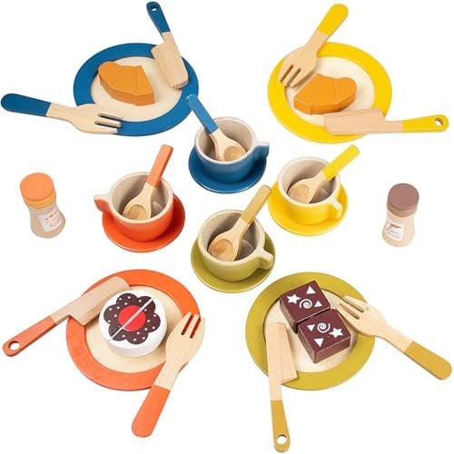 29Pcs Wooden Toy Kitchen Dish Set, Plates and Dishes for Role Play, Gift for Children Kids Girls Ages 3 Year Old+