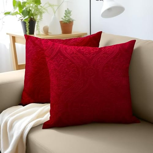 Encasa XO Luxuriöse geprägte Samt-Kissenbezüge – Plüsch-Kissenbezüge für Elegantes Wohnzimmer und Schlafzimmer, maschinenwaschbar, 40 x 40 cm, Rot, 2 Stück, nur Bezüge, ohne Füllkissen