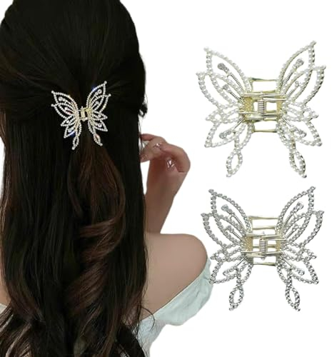 Ypkia Lot de 2 pinces à cheveux papillon avec perles et strass - En métal doré - Taille moyenne - Pour femme et fille