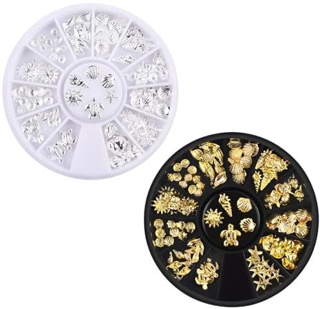 ONEBOOM 2 Boxes 3D Ocean Charms for Nails With Storage Box - Seashell Starfish DIY Decorations for Nail Art, Summer Beach Art for Women Girls - Gold and Silvery