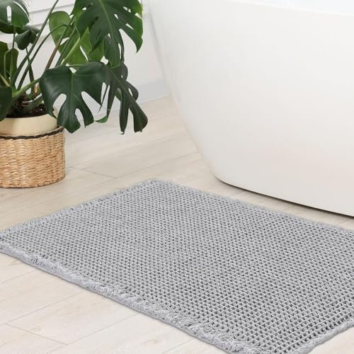 WONGS BEDDING Waffel Badematte,Super Saugfähige Badezimmerteppich,rutschfeste Badteppich für Badezimmerboden Badvorleger Waschbar mit Quasten Ultraweich,Grau 90x60cm
