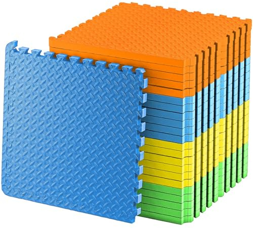 Exercise Foam Mat - Anti fatigue Protective Interlocking Puzzle EVA Floor Tiles with Edges - Gym Flooring Mats - Non slip Rubber Cushion for Underlay (Multi-Coloured, 20 Tiles (80 Square Feet))