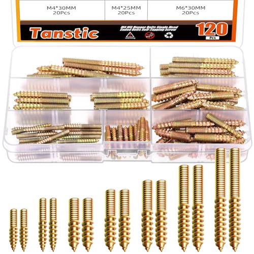 Tanstic 120Pcs M4 M6 Stockschrauben Double Headed Bolzen selbstschneidende Schraube Holz Dübel Schraube für Holzmöbel (Farbe Zink)