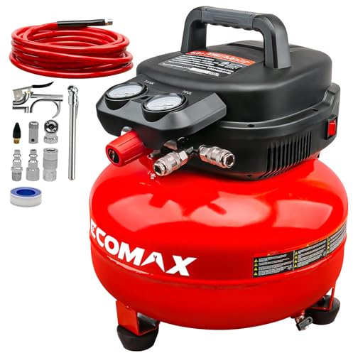 ECOMAX Compressore d'aria, 6 galloni, 175 PSI, include 10 accessori, rosso, portatile e resistente