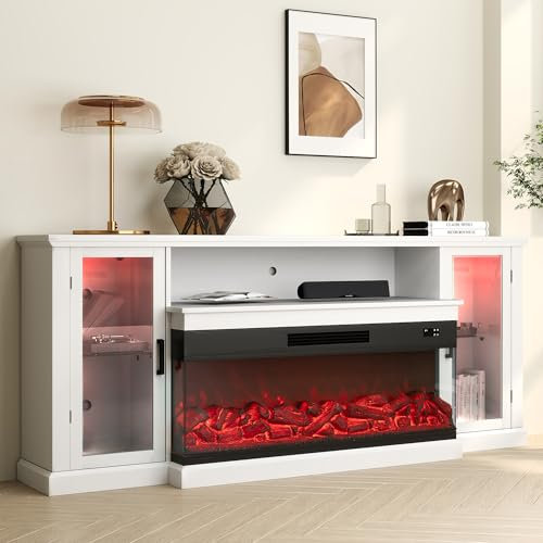 Real Relax Soporte de TV con chimenea eléctrica de 3 lados de 72.8 pulgadas para televisores de hasta 80 pulgadas, centro de entretenimiento con armarios de almacenamiento, 12 colores LED de llama