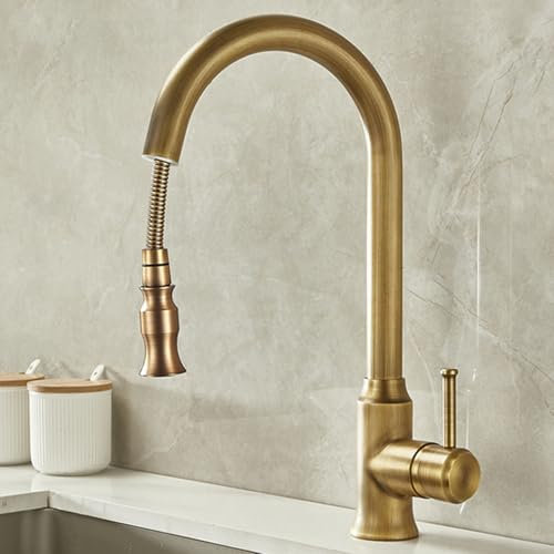 XSDSM Robinet Cuisine Rétro Mitigeur Cuisine avec Douchette Extractible 1 Douchette Modes Pivotant à 360° Poignée Unique Chaud et Froid, Bronze