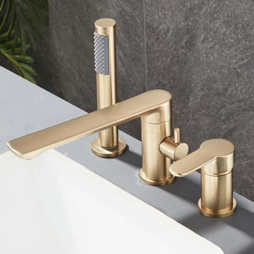 Modern Bath Mixer Tap with Shower Waterfall Bathtub Tap 3 Holes 360° Rotation Single Handle Brass Hot or Cold Shower Mixer Tap Set for Bath Bathtub Faucet Set Brushed Gold