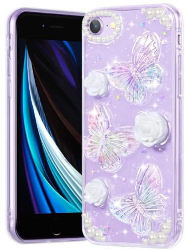 CASBST Compatible with iPhone SE/8/7 Case, Clear Case with Cute Butterfly Floral Pattern Design for Girls Women, Slim Soft TPU Protective Sparkle Glitter Cover for iPhone SE/8/7 (Crystal Butterfly)