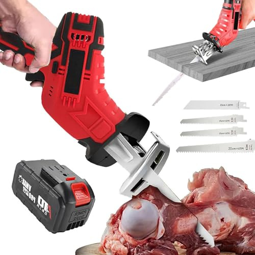 LTdlhFk Scie Alternative sans Fil (Batterie Au Lithium 6,0 Ah), Scie Boucher éLectrique Portative + Lames De Scie 4 PièCes, éClairage LED + Interrupteur Verrouillage, pour La Coupe du Bois