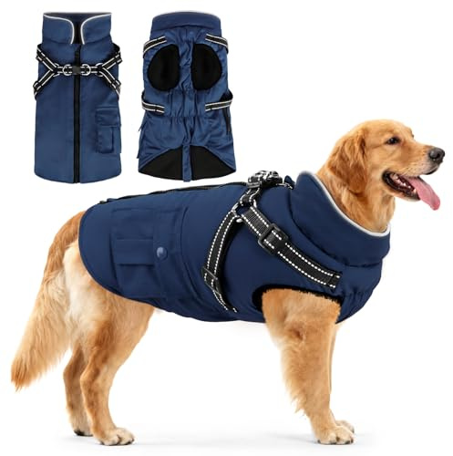 Woiil Hundemantel Hundejacke Wintermantel für Grosse Hunde, Hundemantel Winter mit Geschirr, Hunde Wintermantel Ärmellose Baumwolle Gepolsterte Weste Wasserdicht Warme Reflektierend, Navyblau XL