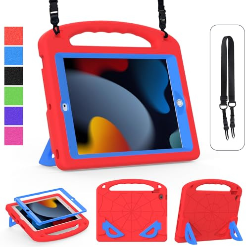 GOZOPO Kinder-Schutzhülle für iPad 9. / 8. / 7. Generation (iPad 10,2 Zoll 2021 / 2020 / 2019), leicht und stoßfest, mit Griff, Standfunktion, mit Schultergurten, Rot und Blau