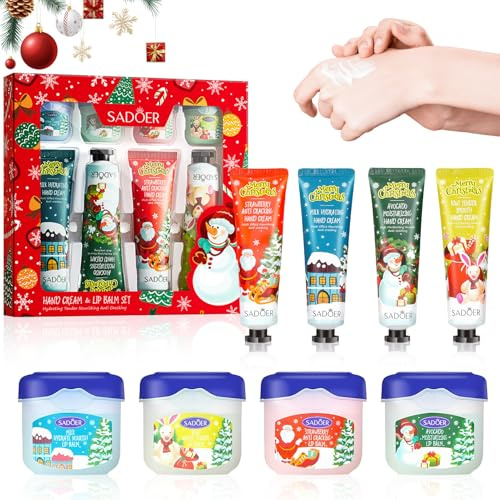 8 Stück Handcreme Mini Hand Cream Set,Weihnachtshandcreme | 4 Handpflegecreme+4 Feuchtigkeitsspendend Lippenbalsam,Hydrating Lip Balm Set,für Weihnachten Geburtstags Geschenk