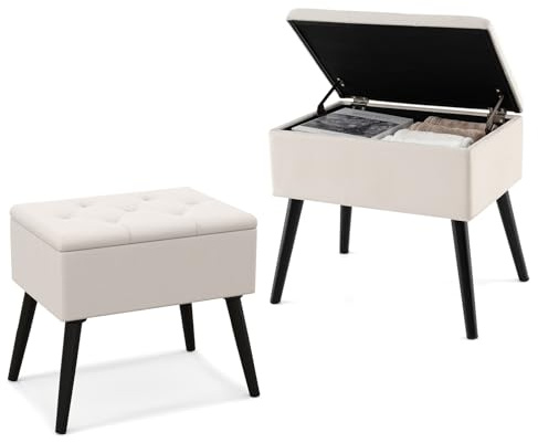 HOMASIS Rechteckiger Schminktischhocker aus Samt mit gepolstertem Sitz, klappbar, Fußstütze mit Holzbeinen, klappbarer Deckel für Eingang, Schlafzimmer, Wohnzimmer (Beige)