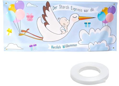 VOSSOT Banner Storch Geburt für Draussen 160 × 70 Cm Willkommen Zuhause Baby Welcome Home Baby Geburt Geschenk Geeignet für Schlafzimmer, Balkone, GäRten Sowie für Den Innen und AußEnbereich