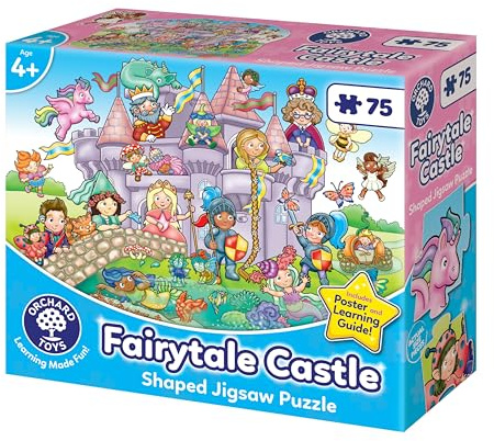 Orchard Toys Fairytale Castle 75-Piece Shaped Floor Puzzle for Kids 4+, Bright, Engaging Castle Scene with Fairies, Knights & Princesses, Includes Full-Size Poster & Learning Guide