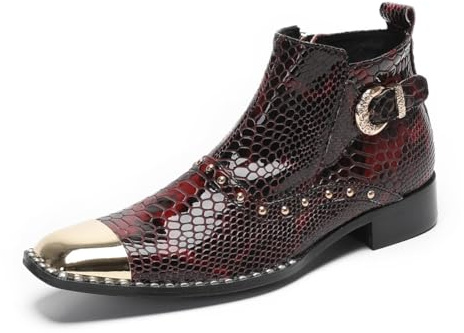 Yhsdfcn Tronchetti in Pelle Verniciata Effetto Coccodrillo con Fibbia Decorativa, Stivaletti Chelsea da Uomo con Punta in Metallo e Borchie,Rosso,EU45