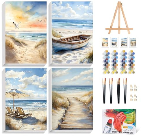4 Pack Framed Paint by Numbers for Adults with Easel, Beach, 8x12 Inch | Coastal DIY Acrylic Painting Kit for Beginners, Stress Relief, Craft Kit, Beach Home Decor, Creative Gift