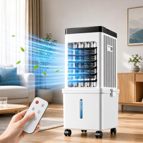 Aire Acondicionado Portátil/Enfriador Evaporativo, 3 Velocidades, Oscilación de 90°, Temporizador de 7,5 H, Control Remoto, para Oficina en Casa o Dormitorio