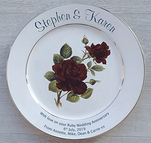 Personalised Ruby Wedding Anniversary Plate with 2 Platinum Bands - Ruby Rose Design