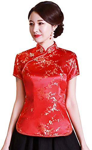 Shanghai Story Chemise chinoise Cheongsam à manches courtes pour femme, Fleur rouge, M