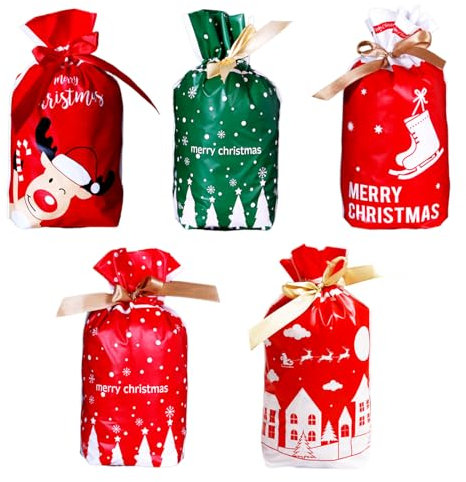 Xinlie Süßigkeit Partytüte Candy Tüten Partytüten Set Tüten Geschenktütchen Candybag Süssigkeiten Beutel mit Kordelzug,Kunststoff Gunst Taschen für Hochzeit Geburtstag Weihnachten(50 Stück)