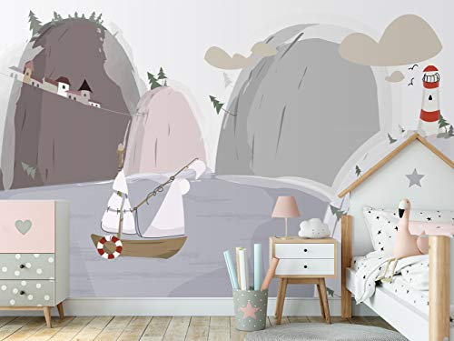 Oedim Fotomural Infantil Vinilo para Pared Paisaje Barco, Faro y Pueblo | Mural | Fotomural Infantil Vinilo Decorativo |150 x 100 cm | Decoración comedores, Salones, Habitaciones