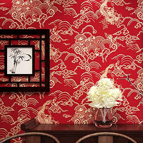 Prior.choice 9.5X0.53M Traditional Chinese Red Yellow Dragon Waterproof Textured PVC Wallpaper Roll for Bedroom Livingroom 1.73' W x 31.2' L=5.035㎡ (54sq.ft)