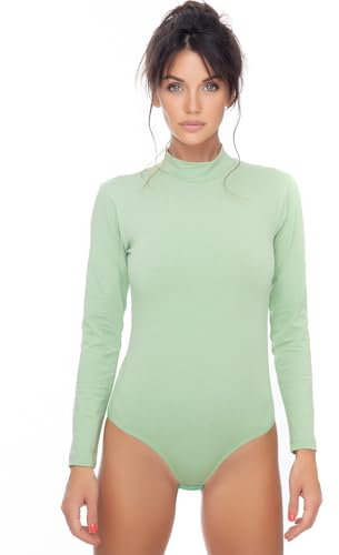 Evoni Damen Body langarm I blickdichter Bodysuit mit Halbkragen für Frauen I Langarmbody aus Baumwolle I Women Body Shaper I Jumpsuit S Grün