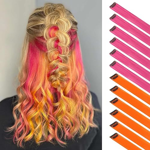 FESHFEN Extensión de cabello de color, Rosa & Naranja Party Highlight Extensiones de Cabello Liso Colorido Clip en Disfraces Pieza para el Cabello para Mujeres, 50 cm