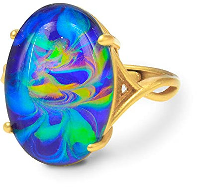 FUN JEWELS Ovaler Stimmungsring mit Farbwechsel und Wirbel, 24 Karat vergoldet, handgemachter zarter Schmuck, größenverstellbar, Geschenk für Frauen