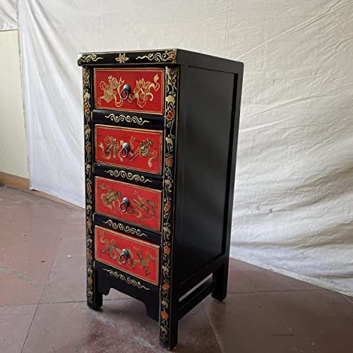 Kunibert Antike chinesische Kommode Tibet Anrichte Asia Sideboard Chinakommode mit 4 Schubladen Breite38xHöhe88cm Farbe: Rot mit schwarz
