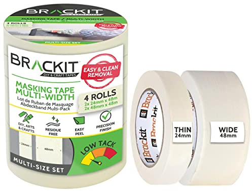 Brackit Weißes Abdeckband in verschiedenen Größen; Packung mit 4 x 48 m; 2 x 24 mm und 2 x 48 mm – einfaches Entfernen zum Malen & Dekorieren oder für Kunst