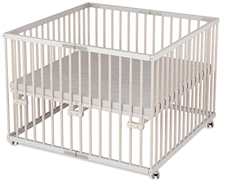 Sämann Laufgitter faltbar 100x100 cm mit Matratze - PREMIUM - stufenlos höhenverstellbar - Laufstall klappbar - Baby Buche weiß/natur
