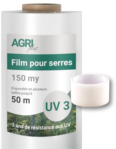 AGRI plus Gewächshausfolie inkl. Reparaturband I 1,5 x 50 m I UV-beständige, wetterfeste & reißfeste Gartenfolie I 150 µ Starke Abdeckfolie für Gewächshaus, Frühbeet & Outdoor-Einsatz