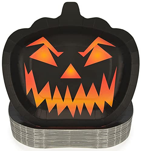 25 piatti di carta a forma di zucca, forniture per feste di Halloween, piatti usa e getta con zucca nera sorridente, stoviglie per cena, dessert, antipasto, pranzo, torta, 21 cm