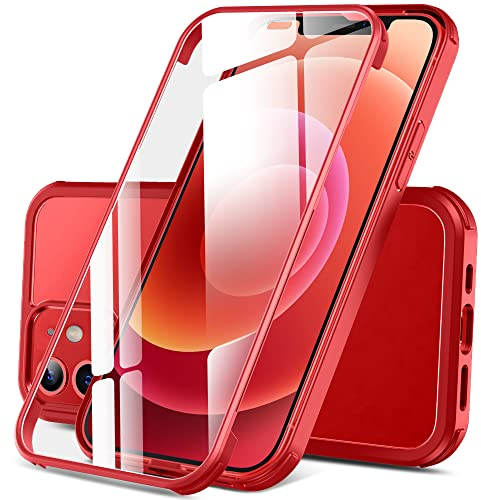 DOSNTO Doppelseitiger Durchsichtig Hülle für iPhone 12 Mini (5.4''), 360 Grad Ganzkörper Stoßfeste Fallschutz Transparent Handyhülle Eingebauter Gehärtetem Glas Displayschutzfolie Schutzhülle, Rot