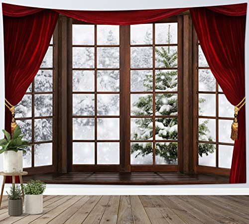 LB Wandteppich Der schneebedeckte Wald Wandtuch Winter Blick aus dem Fenster Wandbehang Grüne Kiefer auf dem Berg Tapisserie für Wohnzimmer Schlafzimmer Wohnheim Wanddeko,235x180cm