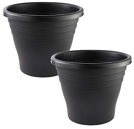 Fyne-Finds Set of 2 Black 30cm, 12inch Plastic Planter Round Ascot Pierceable Drainage Holes Flower Plant Garden Pot
