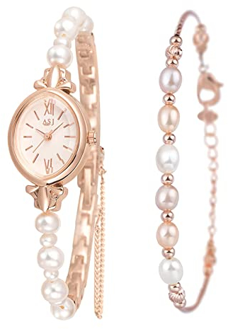JewelryWe 2pcs Damenuhr Armband Schmuck Set Damen Analog Quarz Perlen Armband Uhr Elegant Schmal Oval Armbanduhr mit Perlenarmband verstellbar Armreif Rosegold Geschenk für Frauen Mädchen