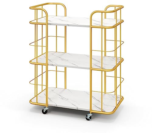 TANGZON 3-Tier Serving Trolley, Rolling Kitchen Trolley Cart with Handrails and Wheels, Marble Effect Bar Cart Drinks Trolley for Home Dining Living Room