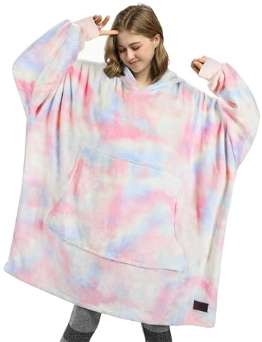 Übergroße Fleece Hoodie Decke Zuckerwatte, Warme Großes Kapuzendecke Tragbare Decke zum Anziehen , Flauschige Kapuzenpulli Decke mit Ärmeln und Kapuze als Geschenkidee für Damen und Herren