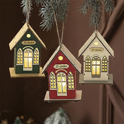3 Pezzi Casette Di Natale in Legno Con Luci,Casette Villaggio Natalizio in Legno Luminoso,LED Casette in Miniatura Natale,Decorazioni a Sospensione per L'albero Di Natale,Decorazioni Legno Natale