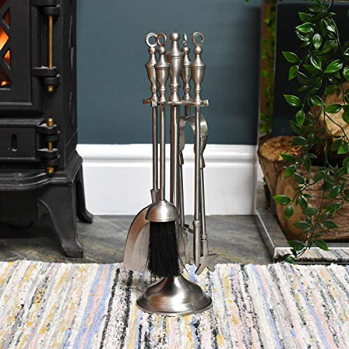 'Lux' Pewter Finish Traditional Fireplace Accessories Companion Set - Fireside Tools with Poker, Tongs, Brush - Elegant and Functional Fireside Companion Set for Fire Log Burner