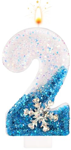Frozen Birthday Candles 0-9, Snowflake Glitter Number Candles White and Blue Cake Decorations for Kids Adults Birthday Wedding Anniversary Party Supplies (2)
