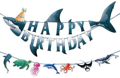 WERNNSAI Hai Happy Birthday Banner - Unter dem Meer Party Dekorationen für Kinder Jungen Geburtstag Banner Ozean Tier Wimpelkette Unter dem Meer Party Hängende Dekoration