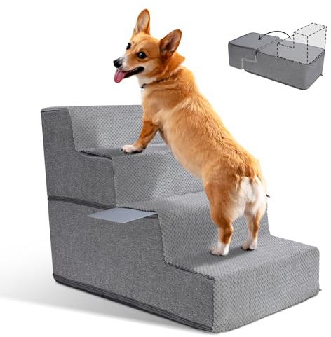 Zvonema Hundetreppe, Hundetreppe für Kleine Hunde, Hundetreppe 4 Stufen aus Memory-Schaum, abnehmbare Haustiertreppe, rutschfeste Katzentreppe, geeignet für ältere verletzte Hunde (58x38x48CM)