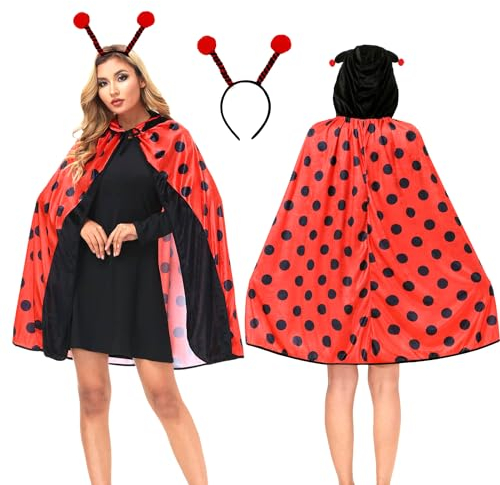 Marienkäfer-Kostüm für Erwachsene und Kinder - Karneval Kostüm Damen Mit Haarreif, Cosplay Cape Mit Kapuze für Fasching und Mottoparty