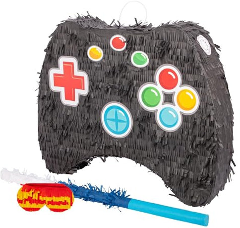 Fax Potato 3pc Spielcontroller Pinata-Set mit Blauer Stock & Augenbinde - Mexikanisch Kinder Mädchen Jungen Geburtstagsfeier Partys Spiele Dekorationsset